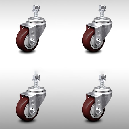 Service Caster 3.5 Inch SS Maroon Polyurethane Wheel Swivel 12mm Threaded Stem Caster Set SCC-SSTS20S3514-PPUB-MRN-M1215-4